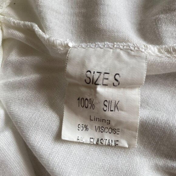 Belle France White Silk Blouse Sheer Sleeves Crocheted Floral Neck Size S - Picture 7 of 9